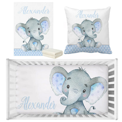 Custom Name Blue Elephant Crib Bedding Set