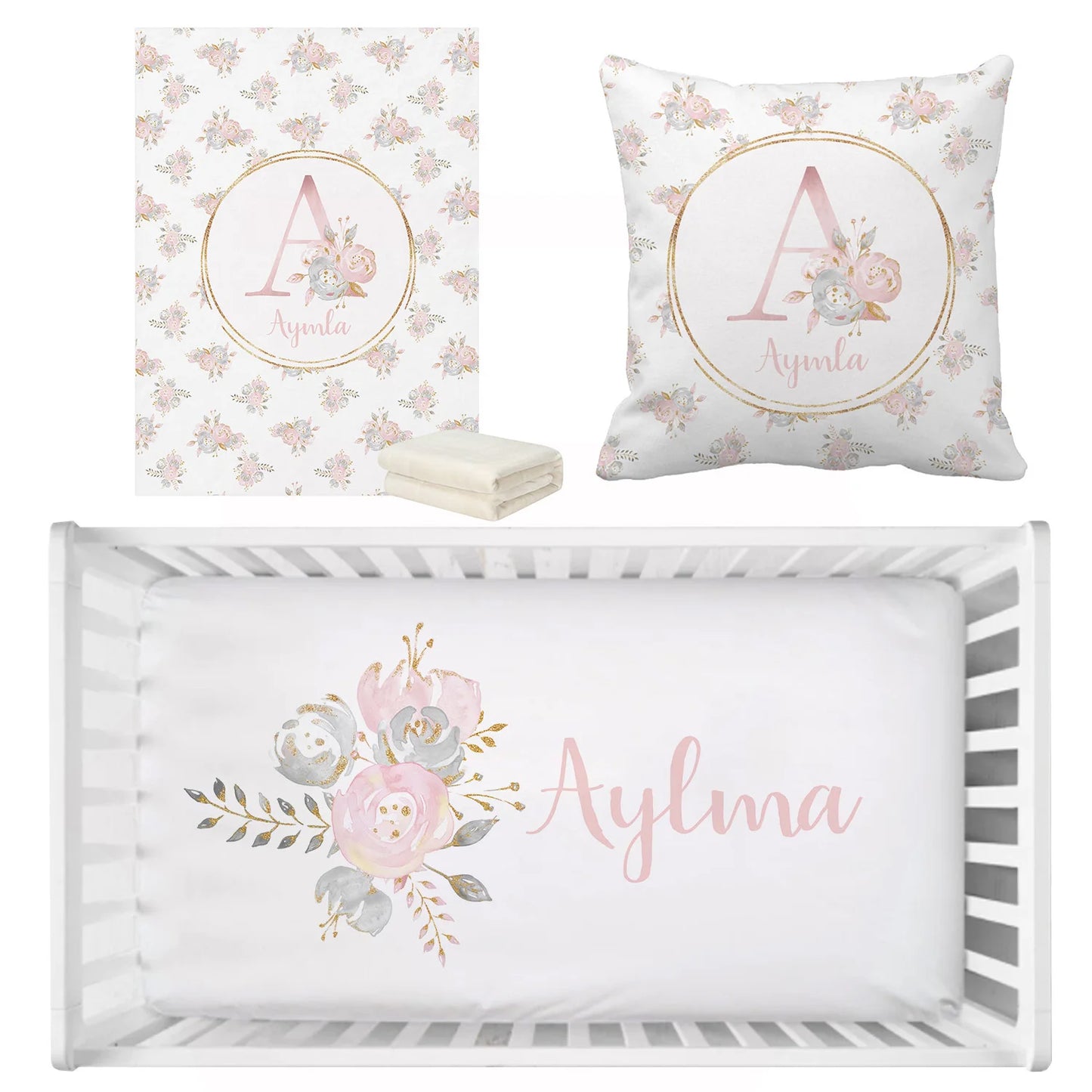 Personalized Name Blush Gold Floral Bedding Set