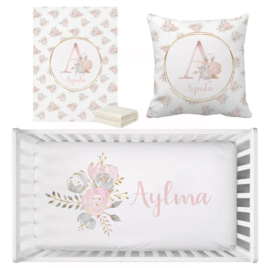 Personalized Name Blush Gold Floral Bedding Set